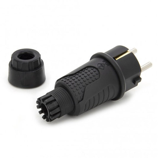 Schwarzer Gummistecker IP54, 250v 16a pro Kabel, Uni-Schuko (Doppelerdung), 2P+E, REF, Bylion