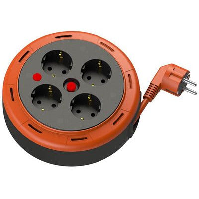 Kompaktkassetten-Rollenverlängerungskabel, 5m Kabel mit 4 Steckdosen IP20 + Thermosicherung + Kindersicherung, 3x1mm2, SCHUKO-Typ-Erdung , PHE-05310-F