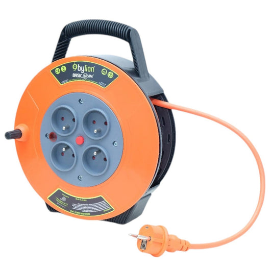 Kompakte einziehbare Kabelrolle/Kabeltrommel, 10m Kabel mit 4 Steckdosen IP20 + Thermosicherung