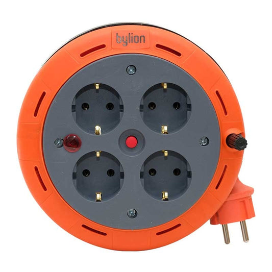 Kompaktkassetten-Rollenverlängerungskabel, 5m Kabel mit 4 Steckdosen IP20 + Thermosicherung + Kindersicherung, 3x1mm2, SCHUKO-Typ-Erdung , PHE-05310-F