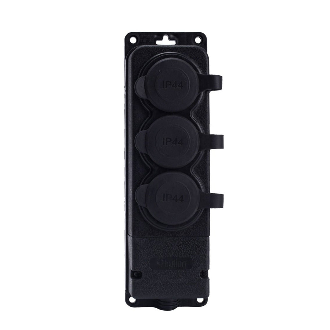Triple socket "Rubber" black with hermetic cover IP44 250V, 16A, SCHUKO 2P+Z, 3KMP-F, Bylion