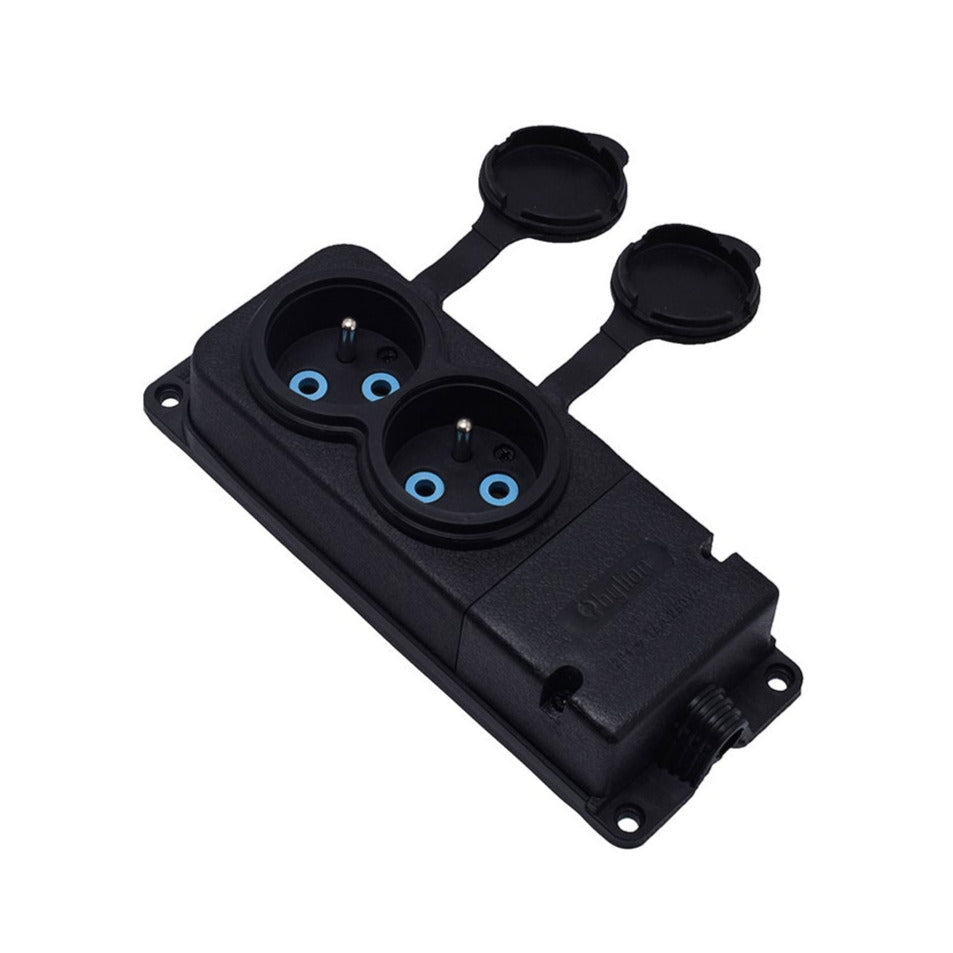 Double rubber socket black hermetically mounted 250V, 16A, IP44, French type E 2P+Z, 2KMP-E, Bylion