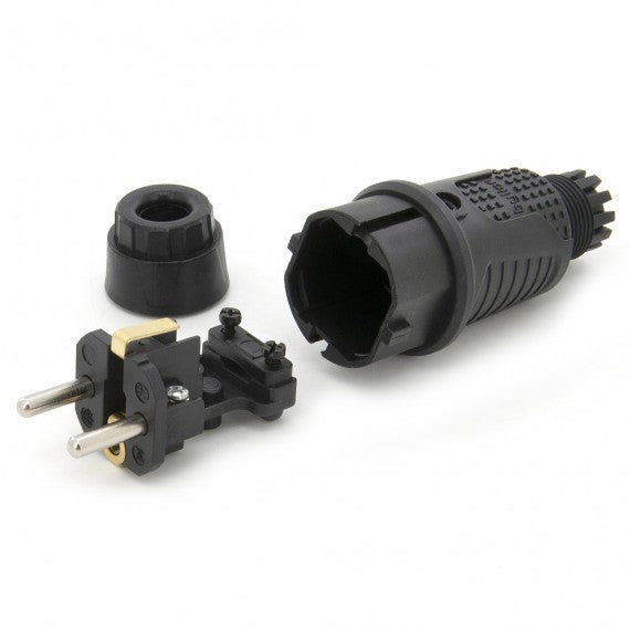 Schwarzer Gummistecker IP54, 250v 16a pro Kabel, Uni-Schuko (Doppelerdung), 2P+E, REF, Bylion