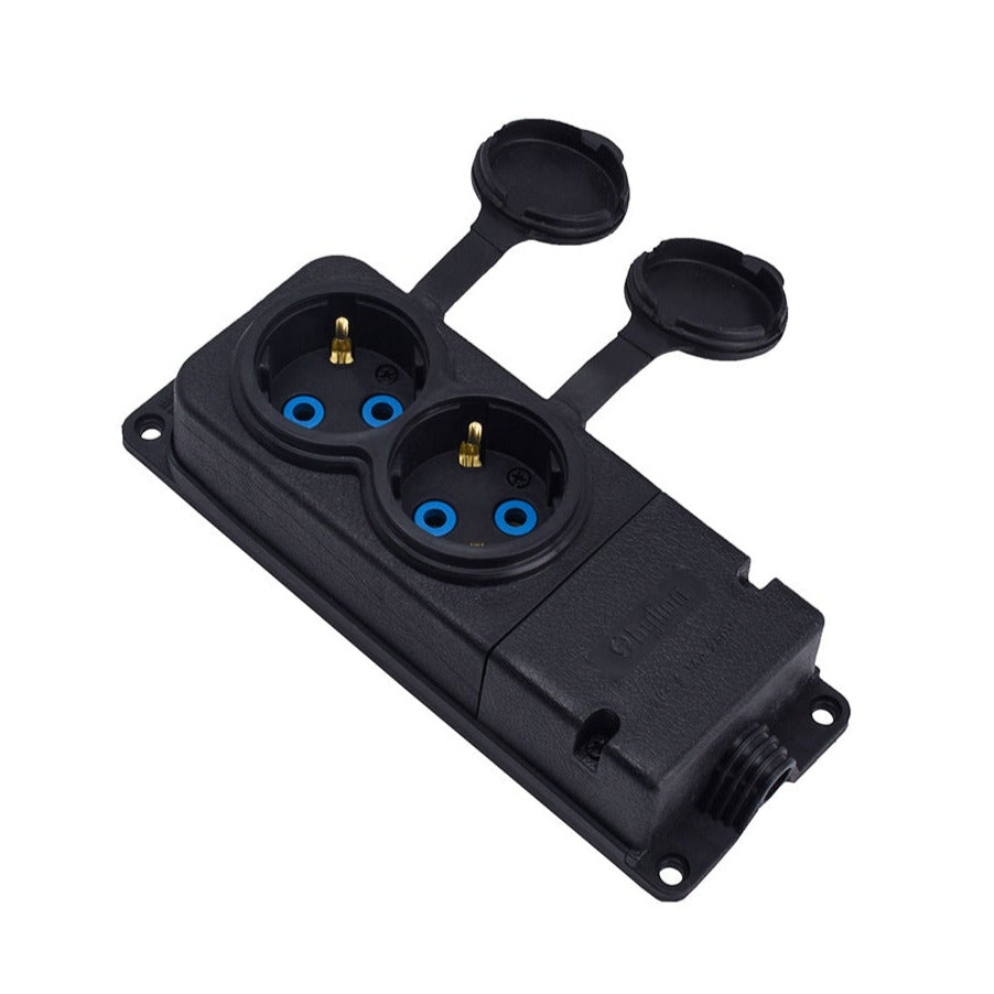 Black rubber double socket hermetically mounted 250V, 16A, IP44, SCHUKO 2P+Z, 2KMP-F, Bylion