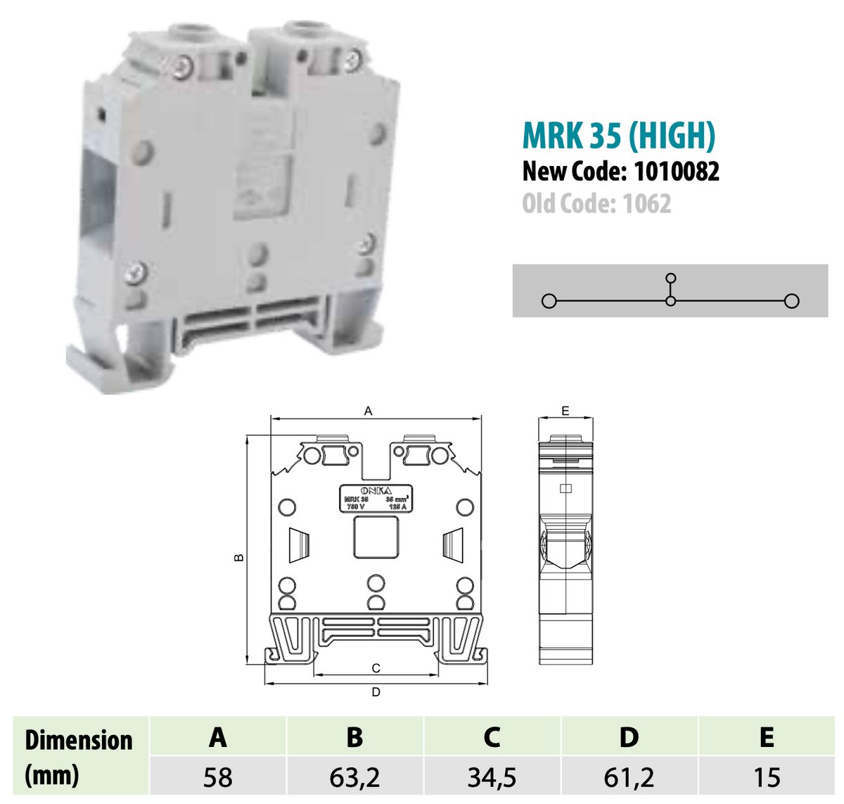 ONKA 35mm2 screw terminal block DIN rail clamp 2-pole gray, 1010082