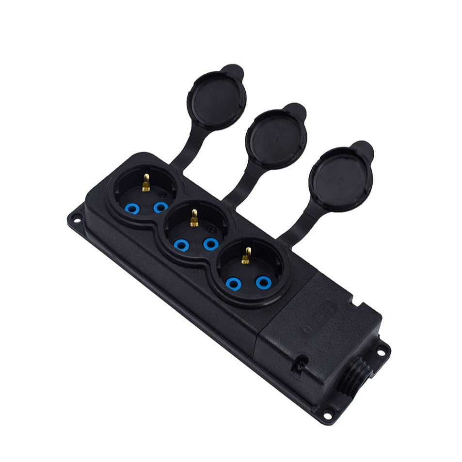 Triple socket "Rubber" black with hermetic cover IP44 250V, 16A, SCHUKO 2P+Z, 3KMP-F, Bylion
