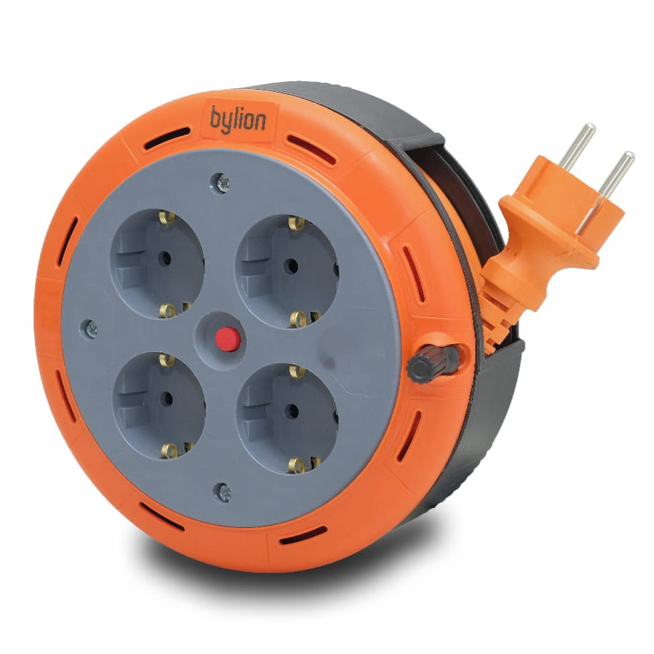 Kompaktkassetten-Rollenverlängerungskabel, 5m Kabel mit 4 Steckdosen IP20 + Thermosicherung + Kindersicherung, 3x1mm2, SCHUKO-Typ-Erdung , PHE-05310-F