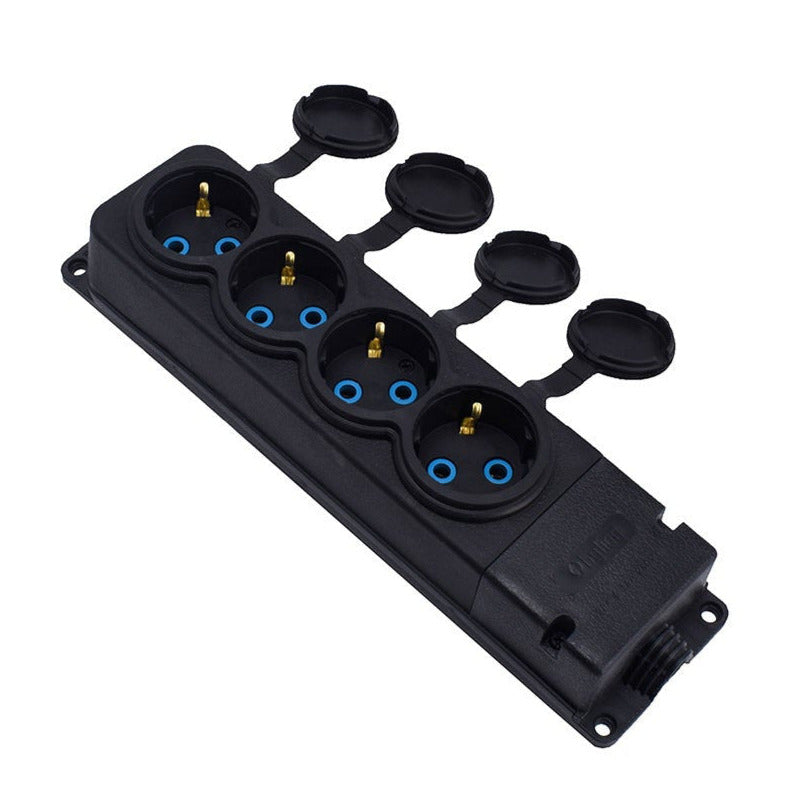 4x rubber socket "rubber" black with lid hermetically IP44, 250V, 16A, SCHUKO 2P+Z, 4KMP-F, Bylion