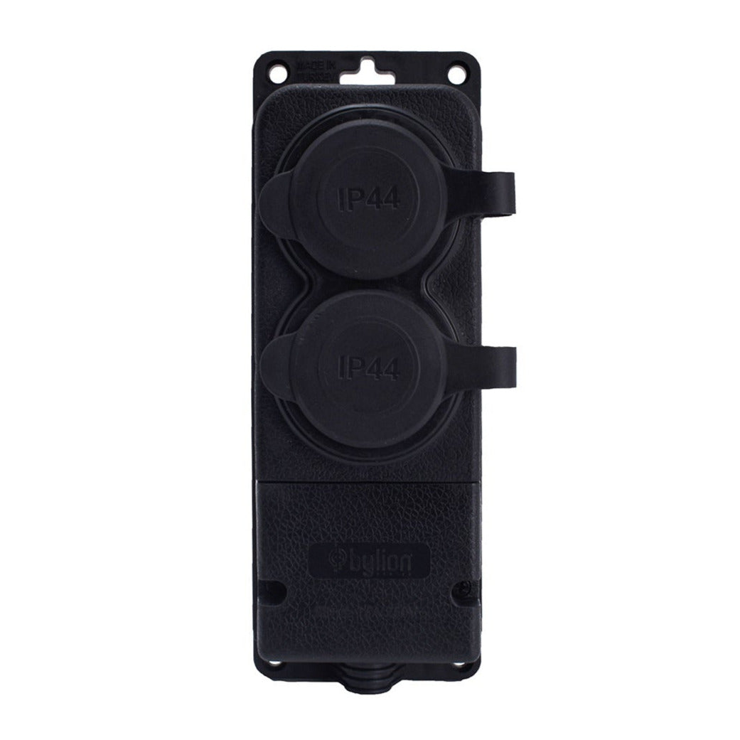 Black rubber double socket hermetically mounted 250V, 16A, IP44, SCHUKO 2P+Z, 2KMP-F, Bylion