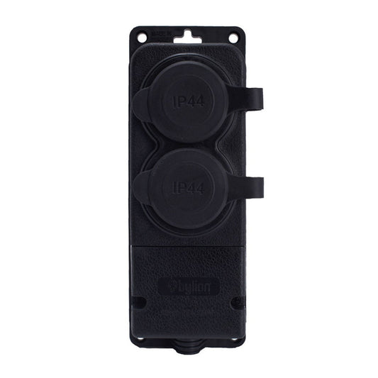 Gummidoppelsteckdose schwarz hermetisch aufliegend 250V, 16A, IP44, SCHUKO 2P+Z, 2KMP-F, Bylion