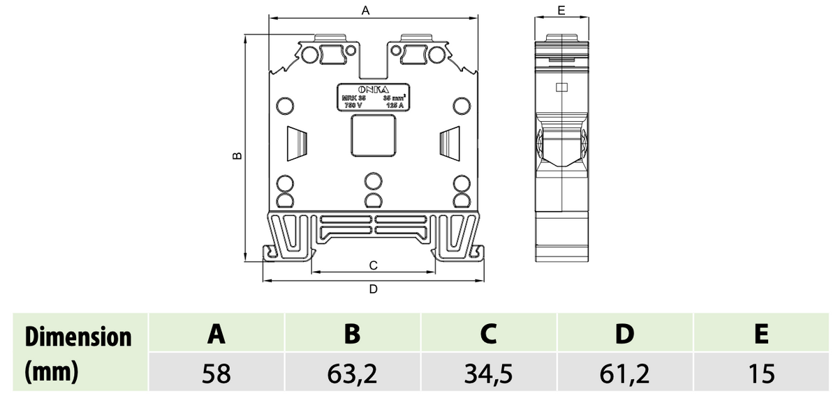 ONKA 35mm2 screw terminal block DIN rail clamp 2-pole blue, 1010085