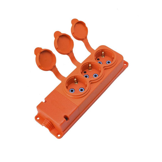 Dreifachsteckdose "Gummi" orange mit Deckel hermetisch IP44 250V, 16A, SCHUKO 2P+Z, 3KMP-F-O, Bylion