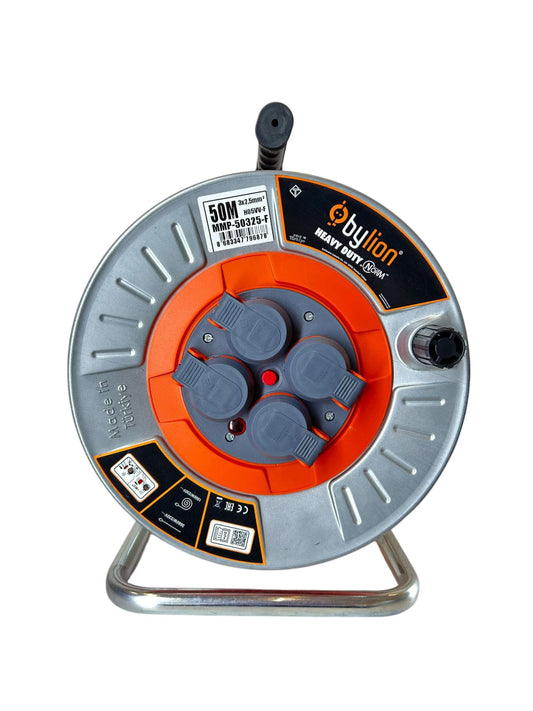 Professionelle Metallspule mit Kupferkabel 3x2,5 mm2, IP44 mit Überlastungsschutz, Stromstärke 16 A Schuko Typ mit 4 Steckdosen, Länge 50M, Kabelfarbe: orange