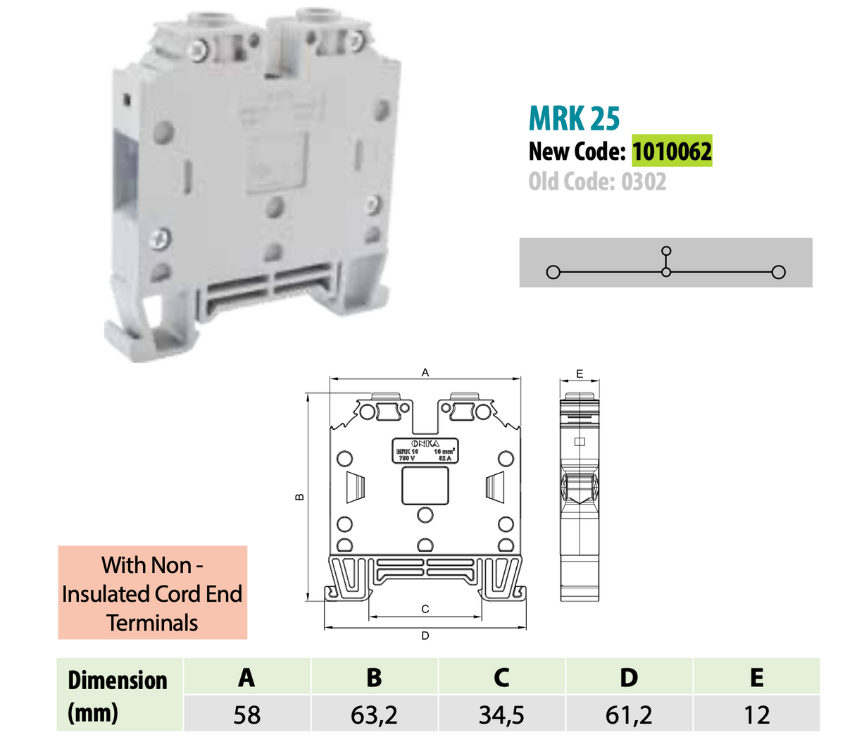 ONKA 25mm2 screw terminal block DIN rail clamp 2-pole gray, 1010062