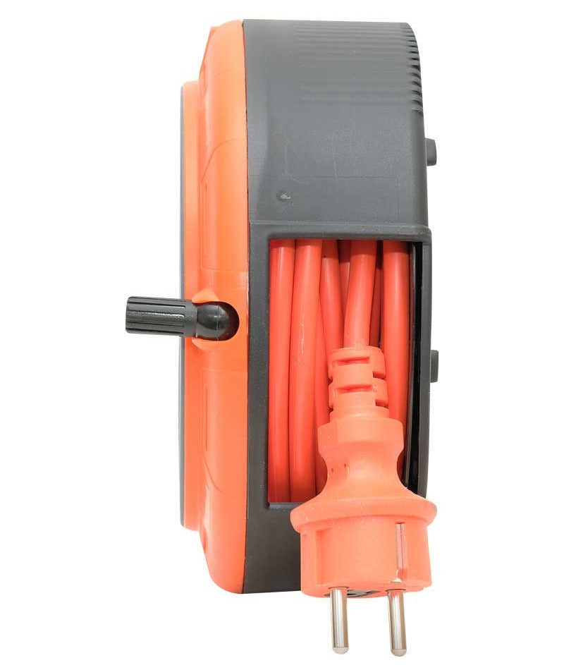 Kompaktkassetten-Rollenverlängerungskabel, 5m Kabel mit 4 Steckdosen IP20 + Thermosicherung + Kindersicherung, 3x1mm2, französischer Typ (Stift), PHE-05310-E