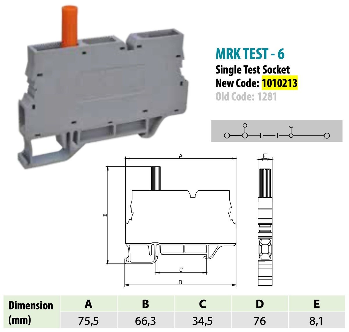 ONKA 6mm2 screw terminal block with test terminal on DIN rail 2-pole gray, 1010213