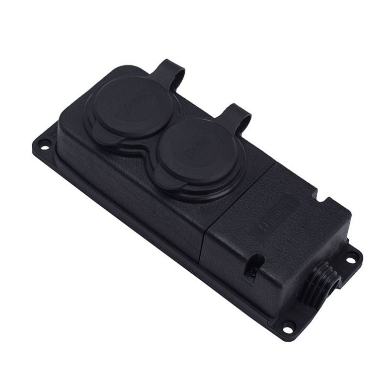 Black rubber double socket hermetically mounted 250V, 16A, IP44, SCHUKO 2P+Z, 2KMP-F, Bylion