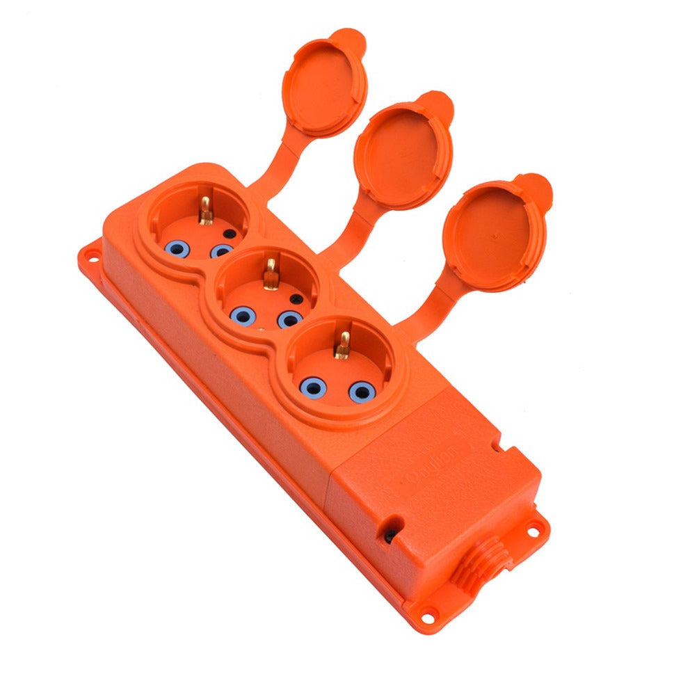 Triple socket "Rubber" orange with hermetic cover IP44 250V, 16A, SCHUKO 2P+Z, 3KMP-F-O, Bylion