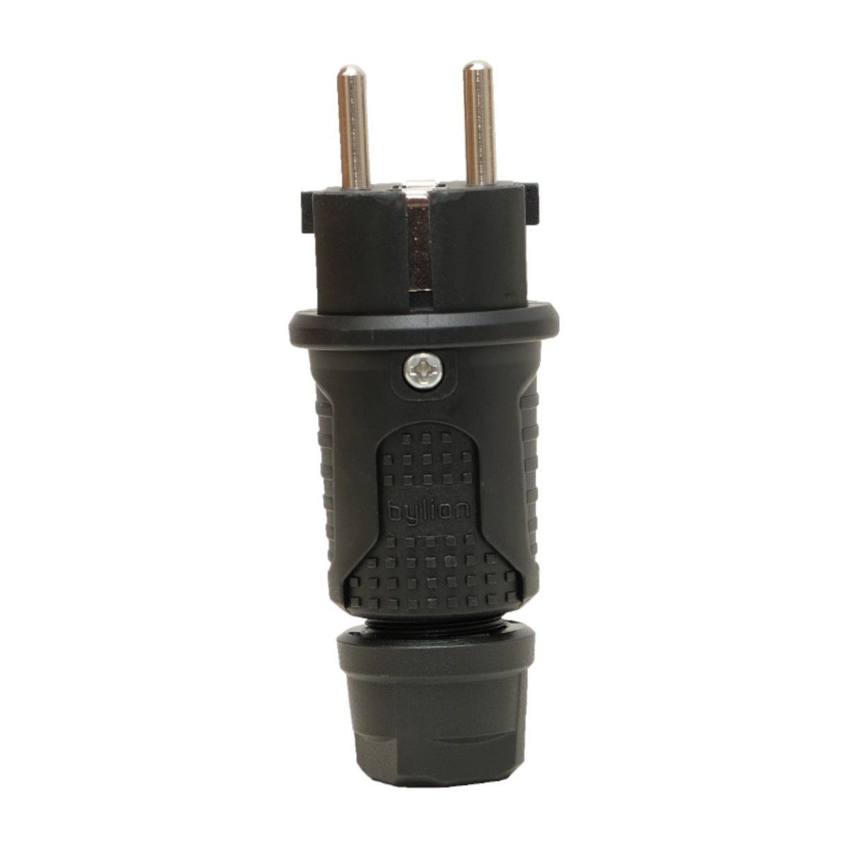 Schwarzer Gummistecker IP54, 250v 16a pro Kabel, Uni-Schuko (Doppelerdung), 2P+E, REF, Bylion