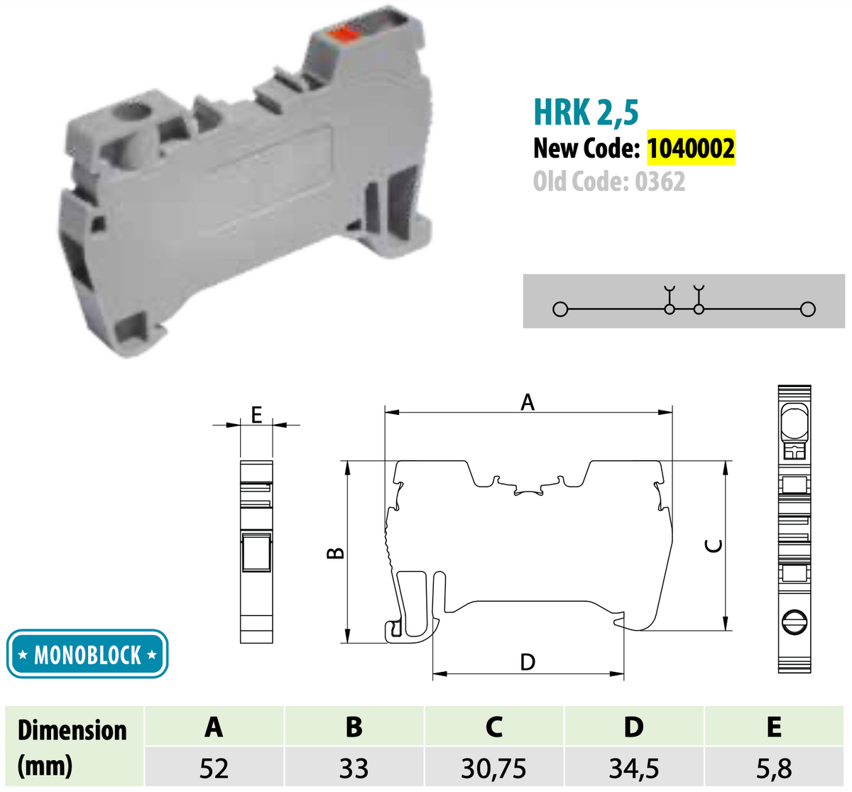 ONKA 2,5mm2 Hybrid-Schraub-/Federschienen-Klemmenblock Klemmenblock DIN-Schienen-Klemmenblock 2-adrig grau, 1040002