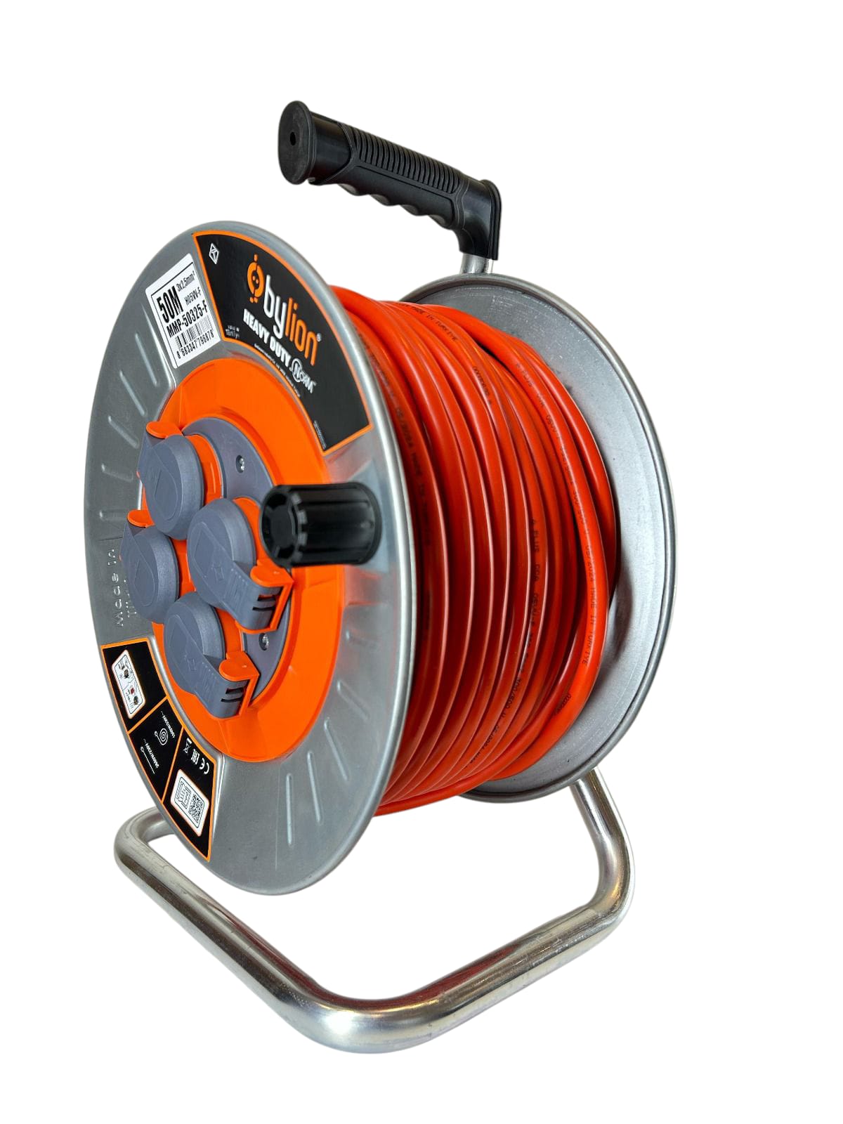 Professionelle Metallspule mit Kupferkabel 3x2,5 mm2, IP44 mit Überlastungsschutz, Stromstärke 16 A Schuko Typ mit 4 Steckdosen, Länge 50M, Kabelfarbe: orange